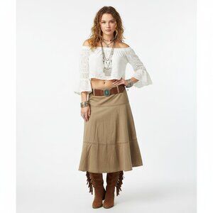 Talbots Tan Tiered Midi Skirt 6 Petite 6P Boho Cottage Rustic Y2K Goblin Earthy